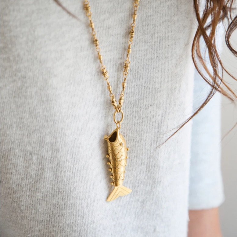 Brinker + Eliza | ‘Tall Tale` Fish Necklace 24k Antique Gold Plated Handmade